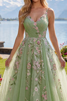 Laden Sie das Bild in den Galerie-Viewer, Blumen Gerafft V-Ausschnitt Grün Lang A Linie Ballkleid mit Perlenstickerei