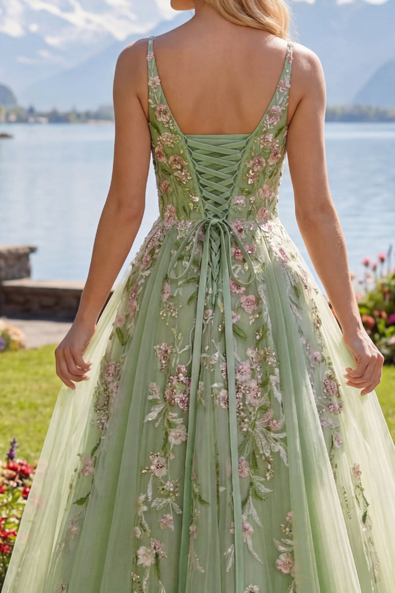Laden Sie das Bild in den Galerie-Viewer, Blumen Gerafft V-Ausschnitt Grün Lang A Linie Ballkleid mit Perlenstickerei