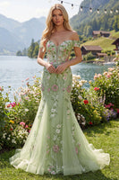 Laden Sie das Bild in den Galerie-Viewer, Meerjungfrau Korsett Grün Lang Schulterfrei Blumen Ballkleid