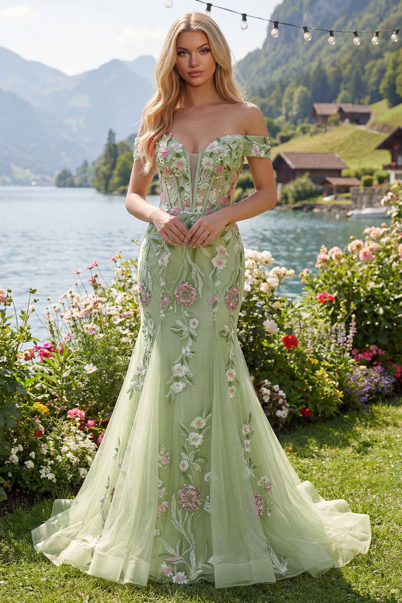 Laden Sie das Bild in den Galerie-Viewer, Meerjungfrau Korsett Grün Lang Schulterfrei Blumen Ballkleid