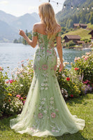 Laden Sie das Bild in den Galerie-Viewer, Meerjungfrau Korsett Grün Lang Schulterfrei Blumen Ballkleid