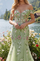 Laden Sie das Bild in den Galerie-Viewer, Meerjungfrau Korsett Grün Lang Schulterfrei Blumen Ballkleid