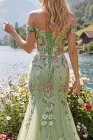 Laden Sie das Bild in den Galerie-Viewer, Meerjungfrau Korsett Grün Lang Schulterfrei Blumen Ballkleid