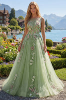 Laden Sie das Bild in den Galerie-Viewer, Halsausschnitt Grün Lang A Linie Blumen Ballkleid