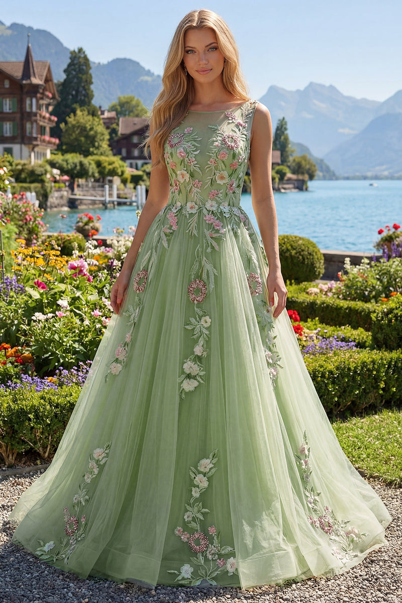 Laden Sie das Bild in den Galerie-Viewer, Halsausschnitt Grün Lang A Linie Blumen Ballkleid