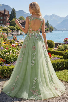 Halsausschnitt Grün Lang A Linie Blumen Ballkleid