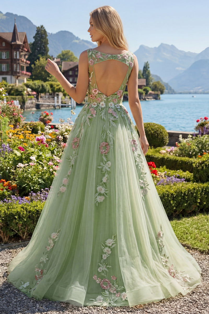 Laden Sie das Bild in den Galerie-Viewer, Halsausschnitt Grün Lang A Linie Blumen Ballkleid