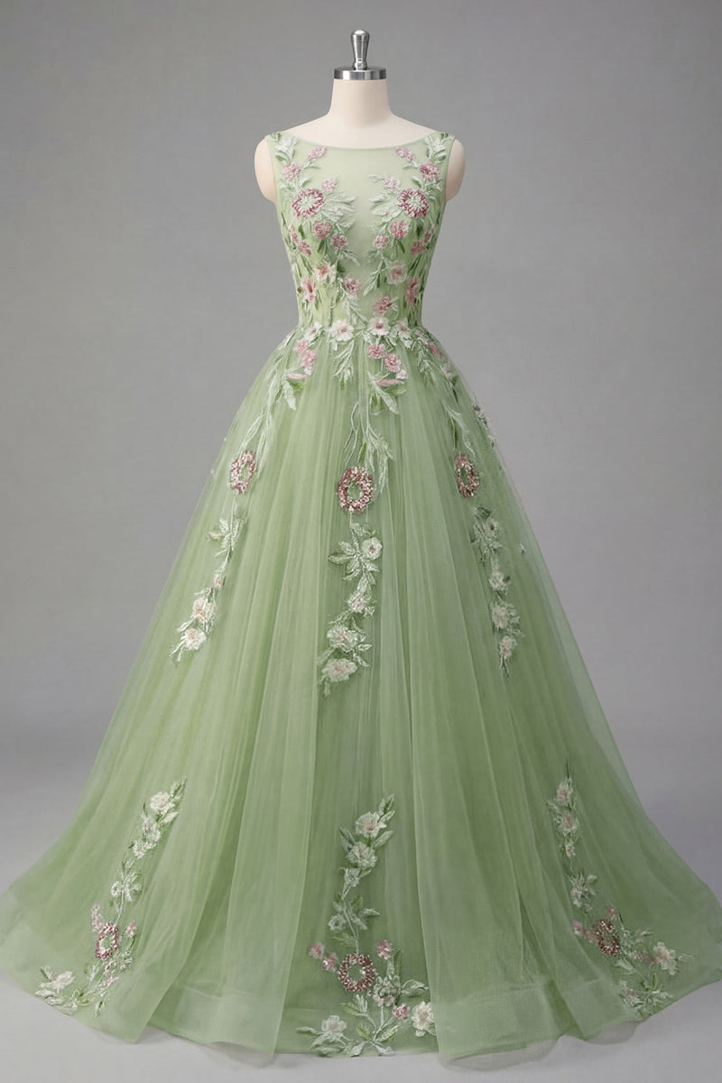 Laden Sie das Bild in den Galerie-Viewer, Halsausschnitt Grün Lang A Linie Blumen Ballkleid