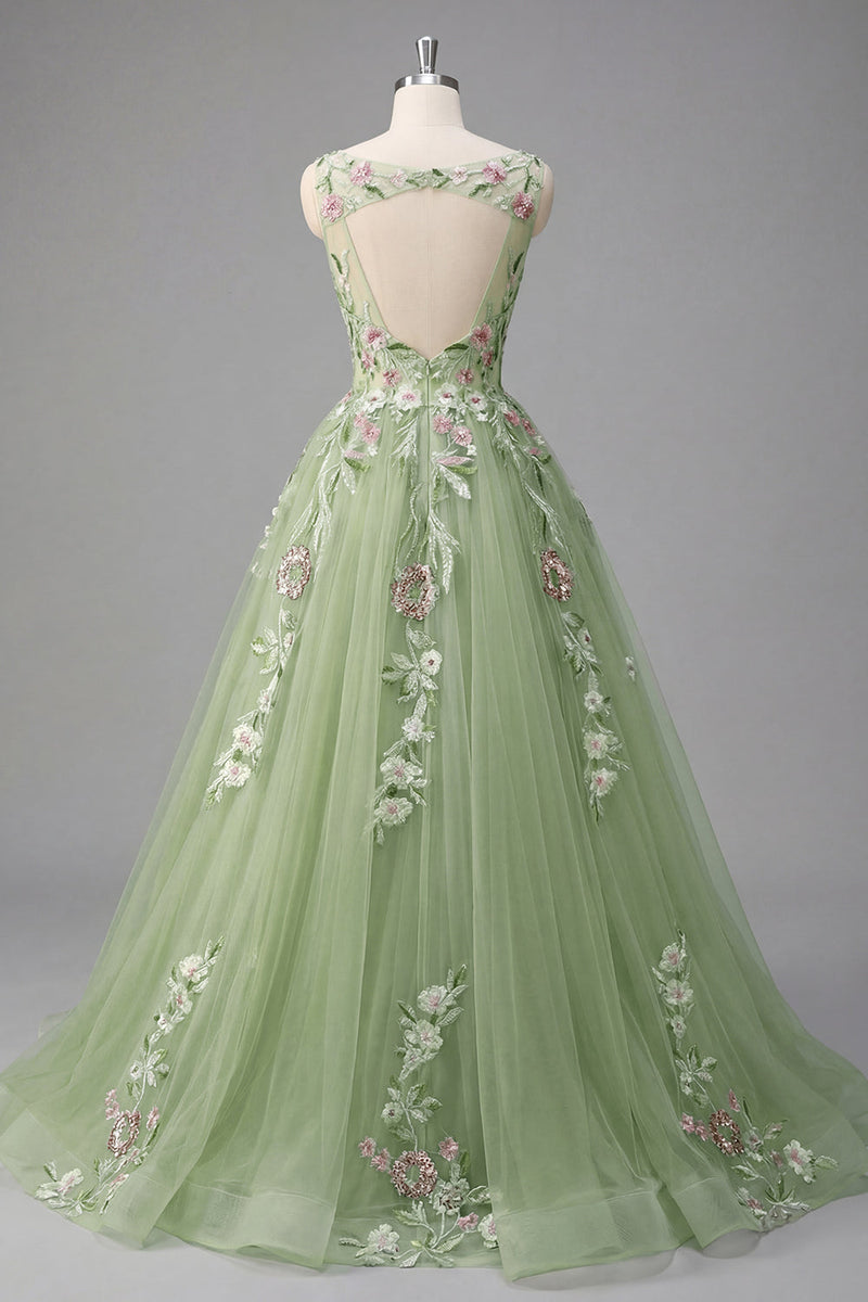 Laden Sie das Bild in den Galerie-Viewer, Halsausschnitt Grün Lang A Linie Blumen Ballkleid