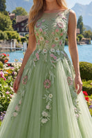 Laden Sie das Bild in den Galerie-Viewer, Halsausschnitt Grün Lang A Linie Blumen Ballkleid