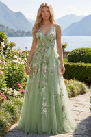 Laden Sie das Bild in den Galerie-Viewer, V-Ausschnitt Grün Lang A Linie Blumen Perlenstickerei Ballkleid mit Applikationen