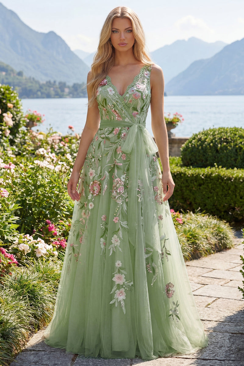 Laden Sie das Bild in den Galerie-Viewer, V-Ausschnitt Grün Lang A Linie Blumen Perlenstickerei Ballkleid mit Applikationen