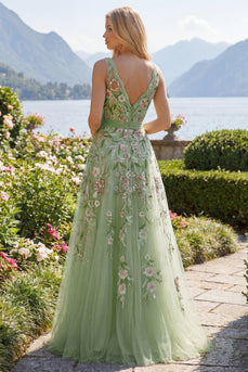 V-Ausschnitt Grün Lang A Linie Blumen Perlenstickerei Ballkleid mit Applikationen