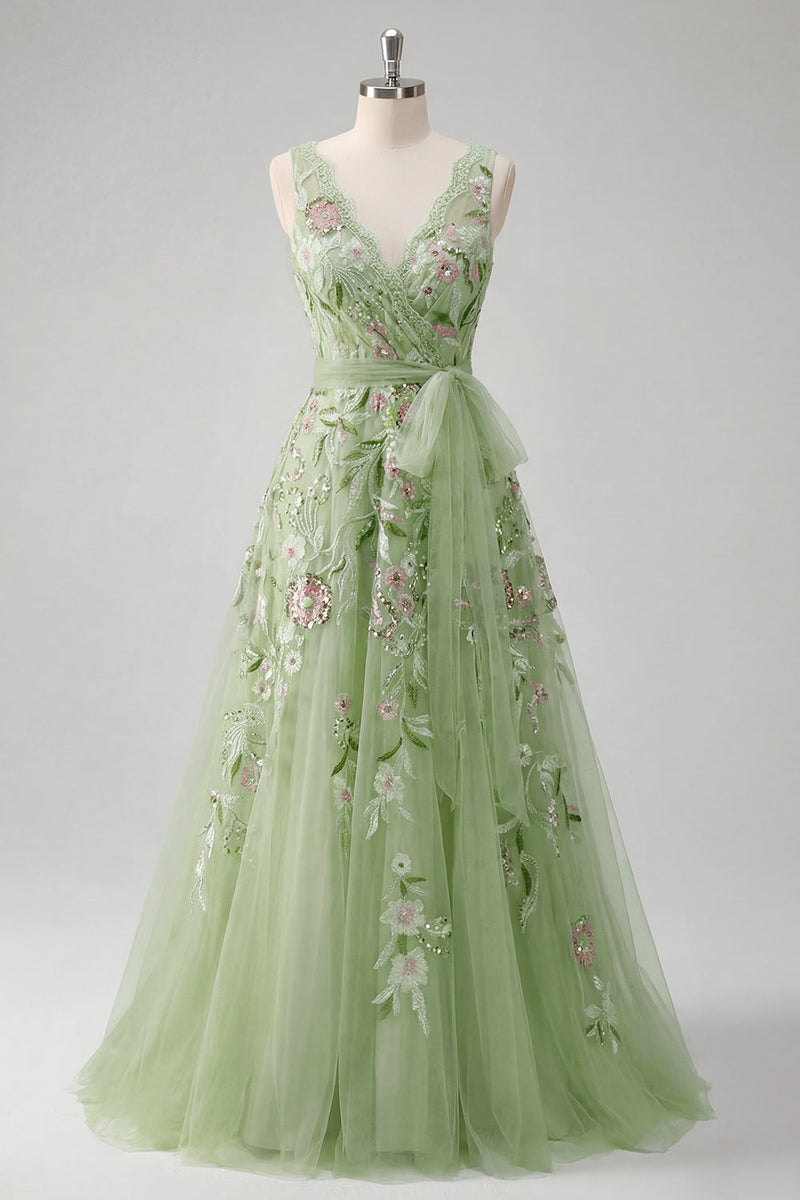 Laden Sie das Bild in den Galerie-Viewer, V-Ausschnitt Grün Lang A Linie Blumen Perlenstickerei Ballkleid mit Applikationen