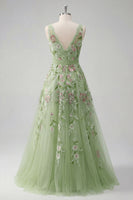 Laden Sie das Bild in den Galerie-Viewer, V-Ausschnitt Grün Lang A Linie Blumen Perlenstickerei Ballkleid mit Applikationen