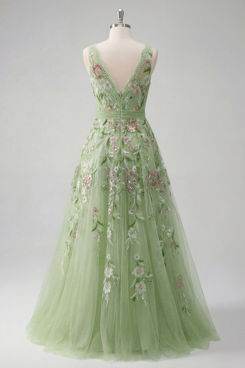 Laden Sie das Bild in den Galerie-Viewer, V-Ausschnitt Grün Lang A Linie Blumen Perlenstickerei Ballkleid mit Applikationen