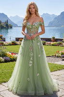 Laden Sie das Bild in den Galerie-Viewer, Schulterfrei Korsett Grün Lang A Linie Blumen Perlenstickerei Ballkleid