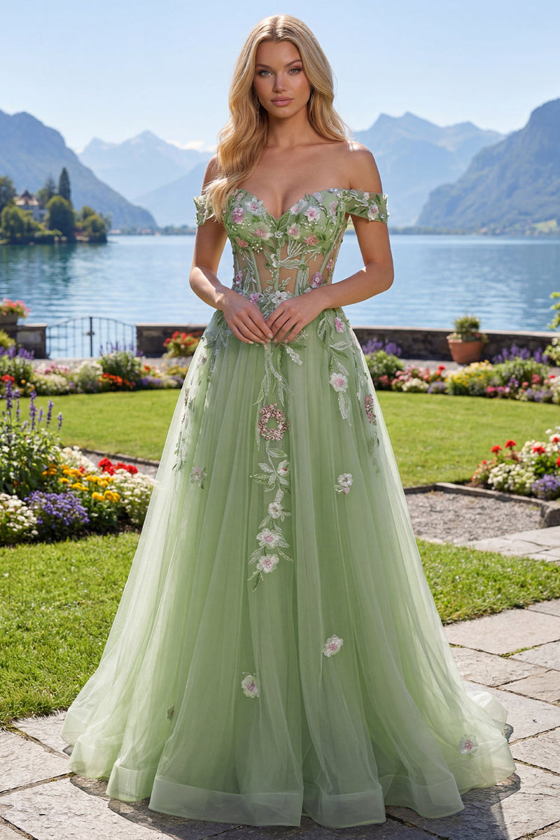 Laden Sie das Bild in den Galerie-Viewer, Schulterfrei Korsett Grün Lang A Linie Blumen Perlenstickerei Ballkleid