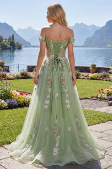 Schulterfrei Korsett Grün Lang A Linie Blumen Perlenstickerei Ballkleid