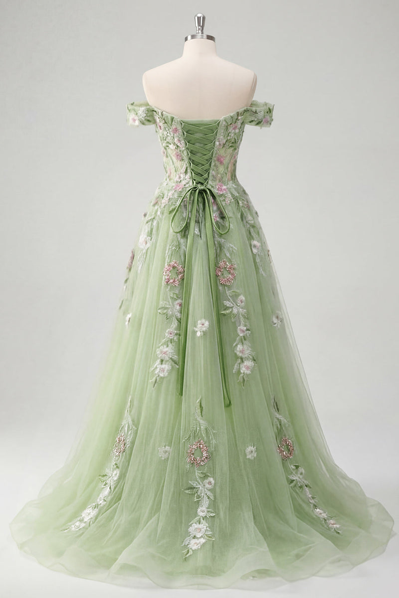 Laden Sie das Bild in den Galerie-Viewer, Schulterfrei Korsett Grün Lang A Linie Blumen Perlenstickerei Ballkleid