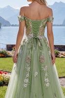 Laden Sie das Bild in den Galerie-Viewer, Schulterfrei Korsett Grün Lang A Linie Blumen Perlenstickerei Ballkleid