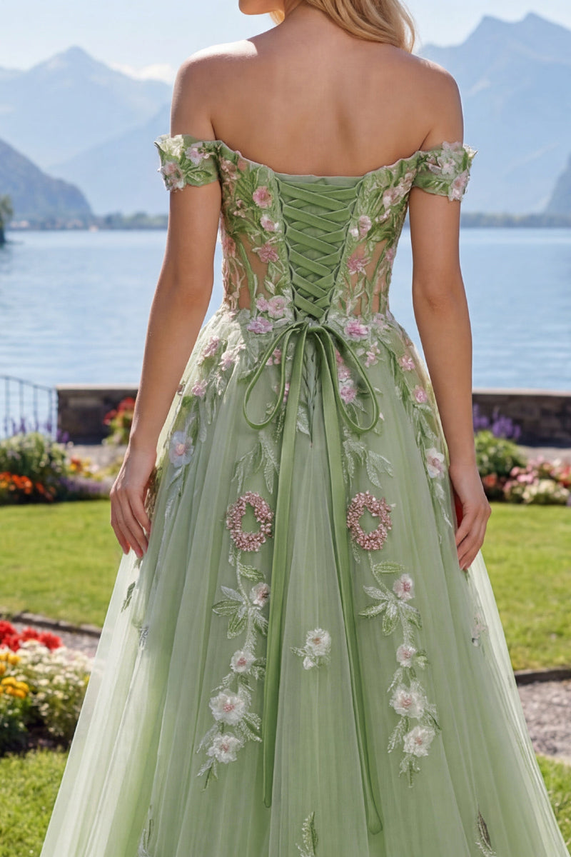 Laden Sie das Bild in den Galerie-Viewer, Schulterfrei Korsett Grün Lang A Linie Blumen Perlenstickerei Ballkleid