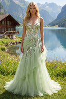Laden Sie das Bild in den Galerie-Viewer, Meerjungfrau Korsett Grün Lang V-Ausschnitt Gerafft Blumen Ballkleid mit Rüschen