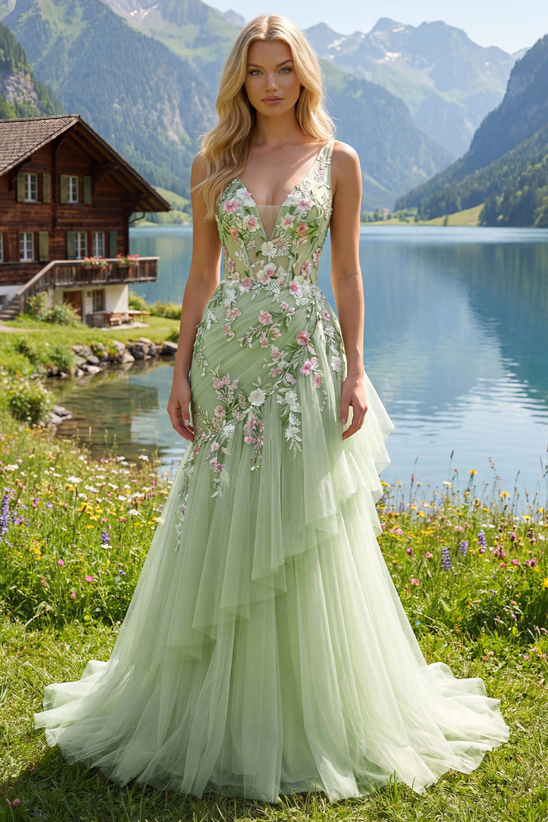 Laden Sie das Bild in den Galerie-Viewer, Meerjungfrau Korsett Grün Lang V-Ausschnitt Gerafft Blumen Ballkleid mit Rüschen