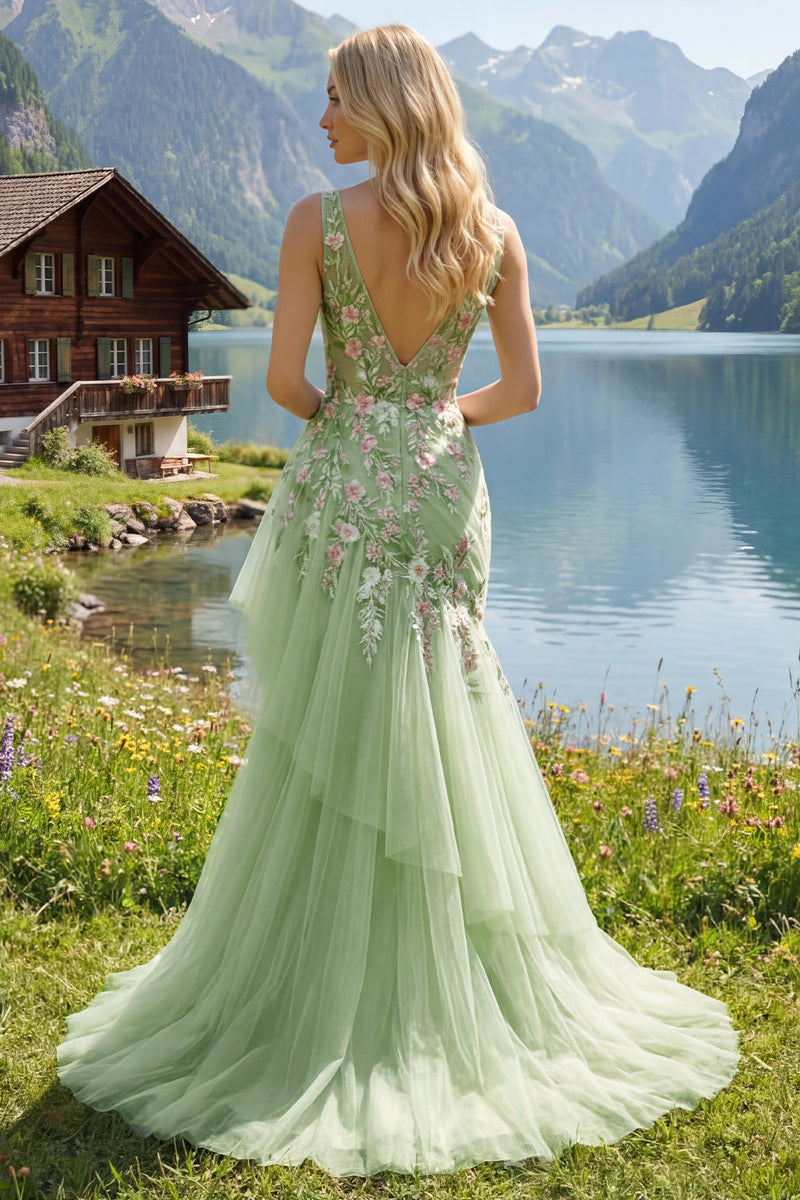 Laden Sie das Bild in den Galerie-Viewer, Meerjungfrau Korsett Grün Lang V-Ausschnitt Gerafft Blumen Ballkleid mit Rüschen