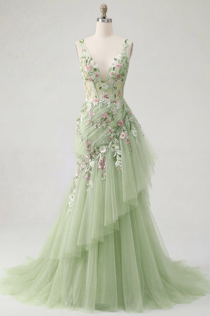 Laden Sie das Bild in den Galerie-Viewer, Meerjungfrau Korsett Grün Lang V-Ausschnitt Gerafft Blumen Ballkleid mit Rüschen