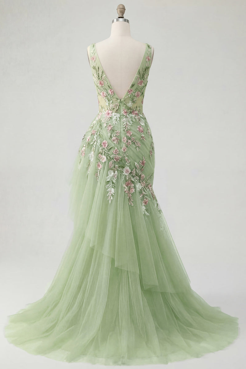 Laden Sie das Bild in den Galerie-Viewer, Meerjungfrau Korsett Grün Lang V-Ausschnitt Gerafft Blumen Ballkleid mit Rüschen