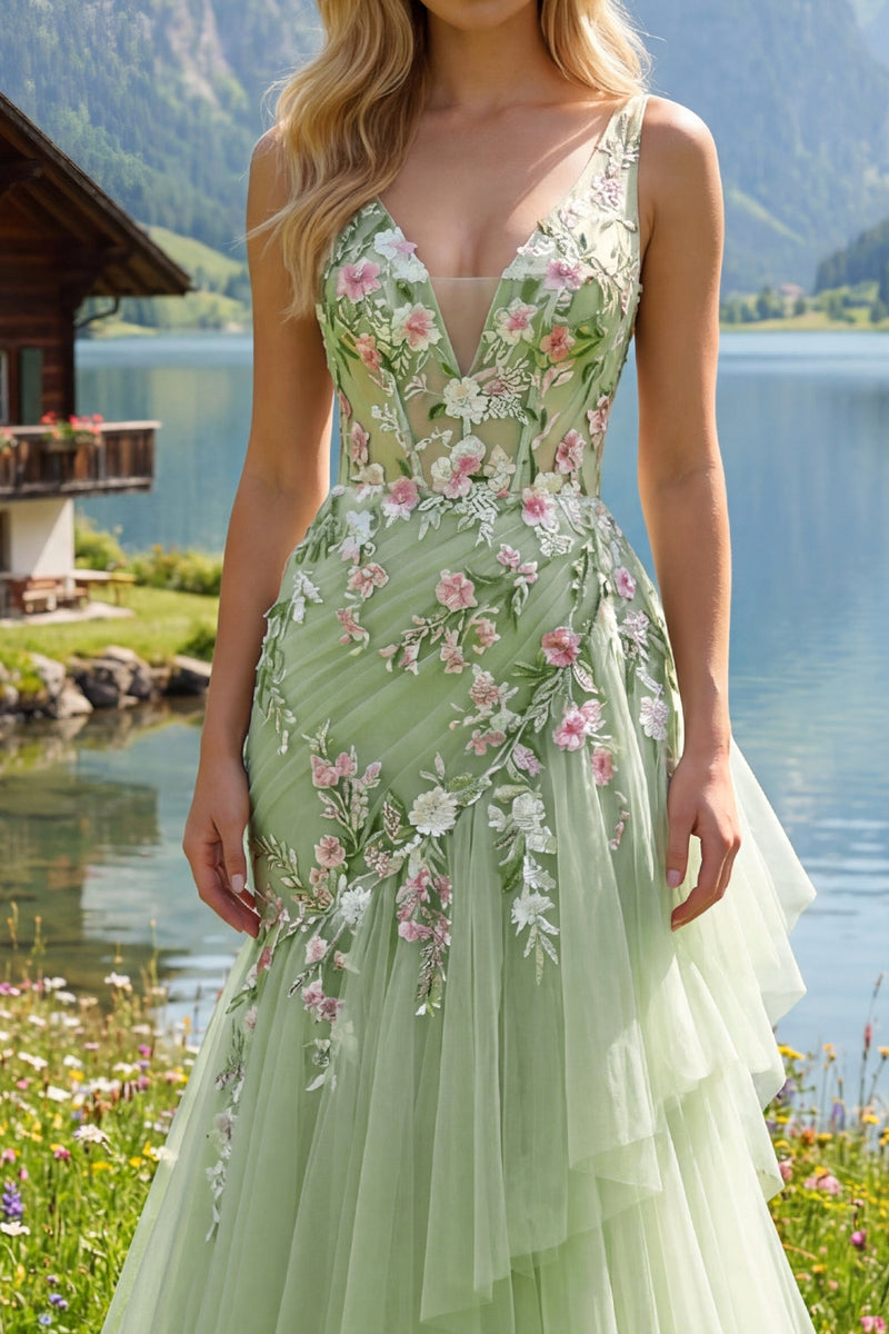 Laden Sie das Bild in den Galerie-Viewer, Meerjungfrau Korsett Grün Lang V-Ausschnitt Gerafft Blumen Ballkleid mit Rüschen