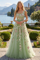 Laden Sie das Bild in den Galerie-Viewer, Rundhalsausschnitt Glitzerndes Grün Lang A Linie Blumen Perlenstickerei Ballkleid mit Schleife