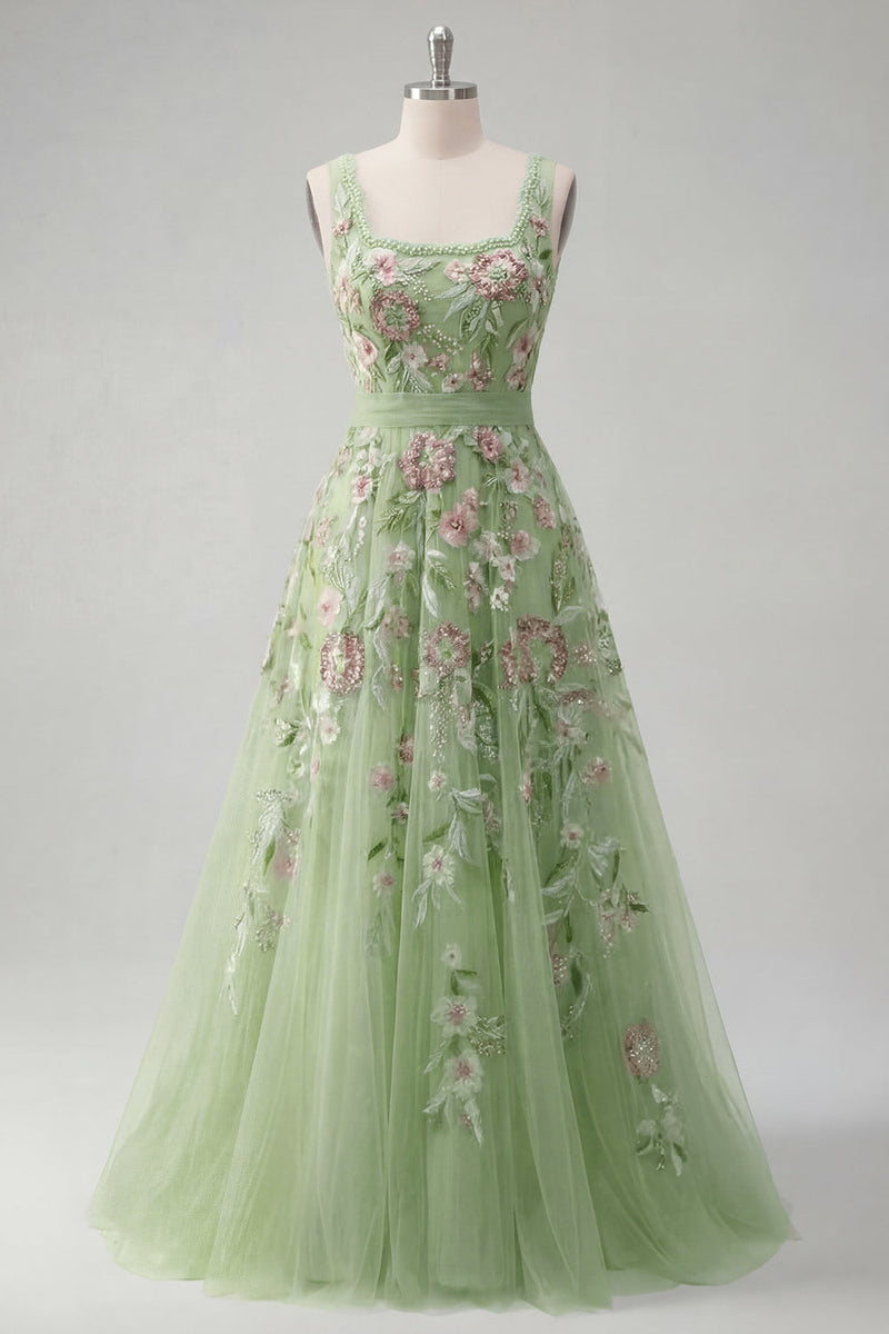 Laden Sie das Bild in den Galerie-Viewer, Rundhalsausschnitt Glitzerndes Grün Lang A Linie Blumen Perlenstickerei Ballkleid mit Schleife