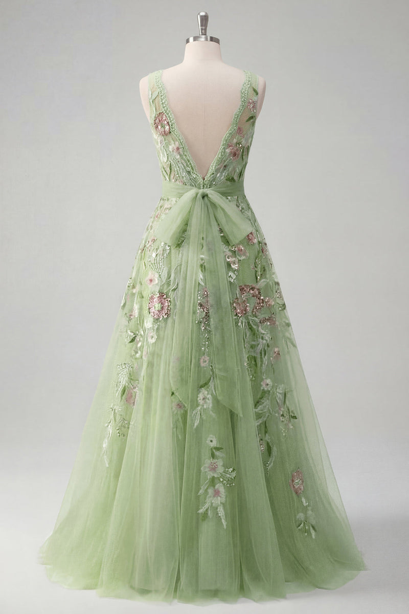 Laden Sie das Bild in den Galerie-Viewer, Rundhalsausschnitt Glitzerndes Grün Lang A Linie Blumen Perlenstickerei Ballkleid mit Schleife
