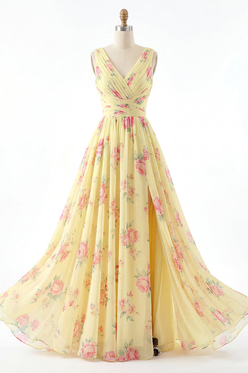 Laden Sie das Bild in den Galerie-Viewer, V-Ausschnitt Gerafft A Linie Buttergelb Blumen Ballkleid mit Schlitz