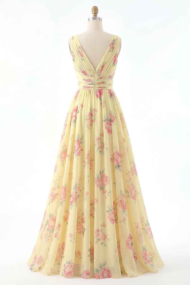 Laden Sie das Bild in den Galerie-Viewer, V-Ausschnitt Gerafft A Linie Buttergelb Blumen Ballkleid mit Schlitz