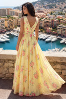 Laden Sie das Bild in den Galerie-Viewer, V-Ausschnitt Gerafft A Linie Buttergelb Blumen Ballkleid mit Schlitz