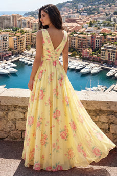 V-Ausschnitt Gerafft A Linie Buttergelb Blumen Ballkleid mit Schlitz