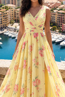 Laden Sie das Bild in den Galerie-Viewer, V-Ausschnitt Gerafft A Linie Buttergelb Blumen Ballkleid mit Schlitz