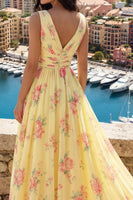 Laden Sie das Bild in den Galerie-Viewer, V-Ausschnitt Gerafft A Linie Buttergelb Blumen Ballkleid mit Schlitz