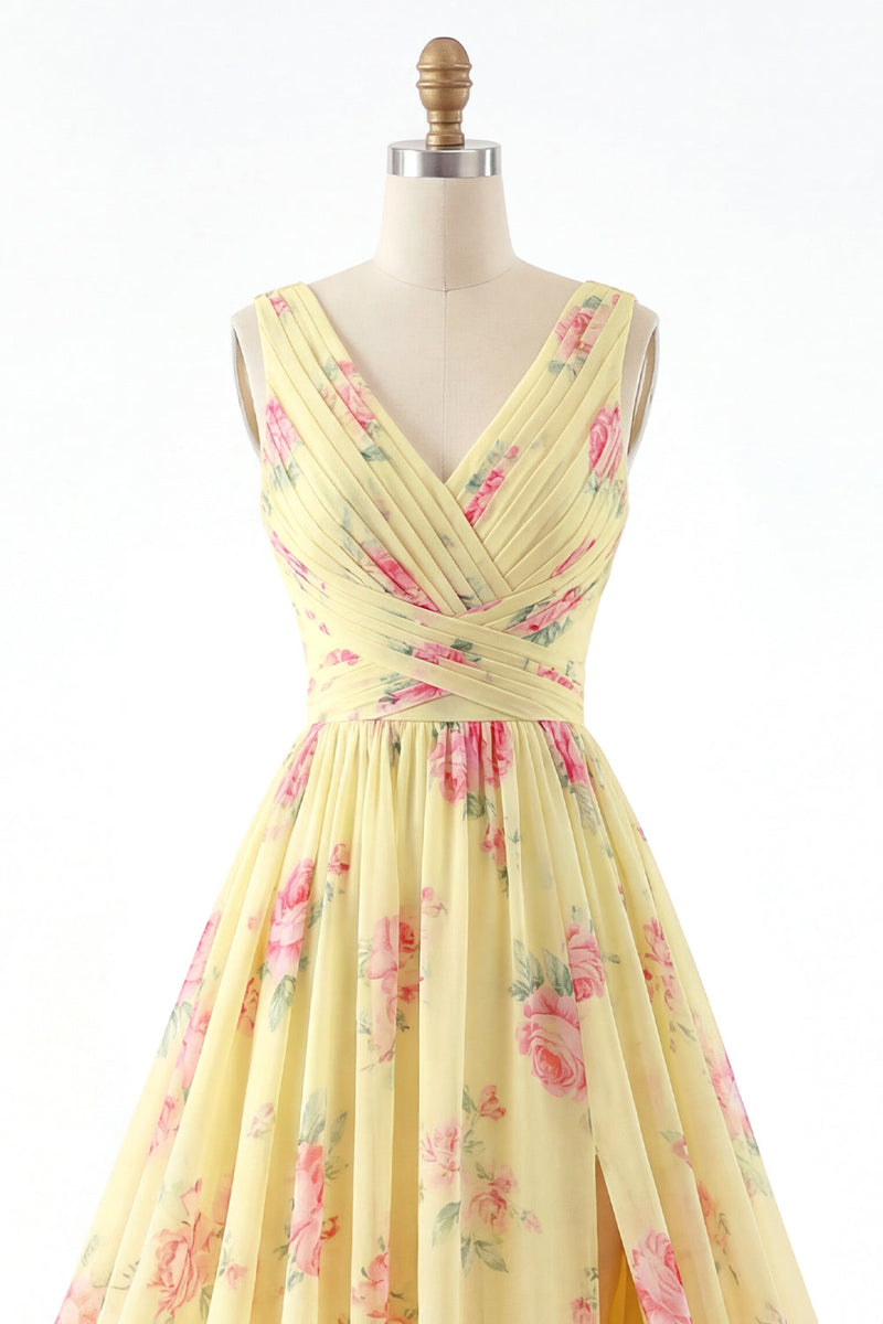 Laden Sie das Bild in den Galerie-Viewer, V-Ausschnitt Gerafft A Linie Buttergelb Blumen Ballkleid mit Schlitz