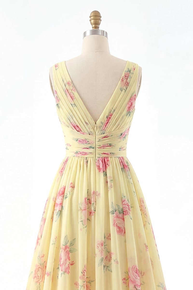 Laden Sie das Bild in den Galerie-Viewer, V-Ausschnitt Gerafft A Linie Buttergelb Blumen Ballkleid mit Schlitz