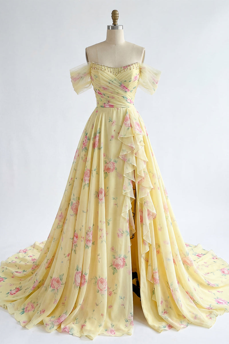 Laden Sie das Bild in den Galerie-Viewer, Rüschen A Linie Buttergelb Blumen Perlenstickerei Ballkleid mit Schlitz