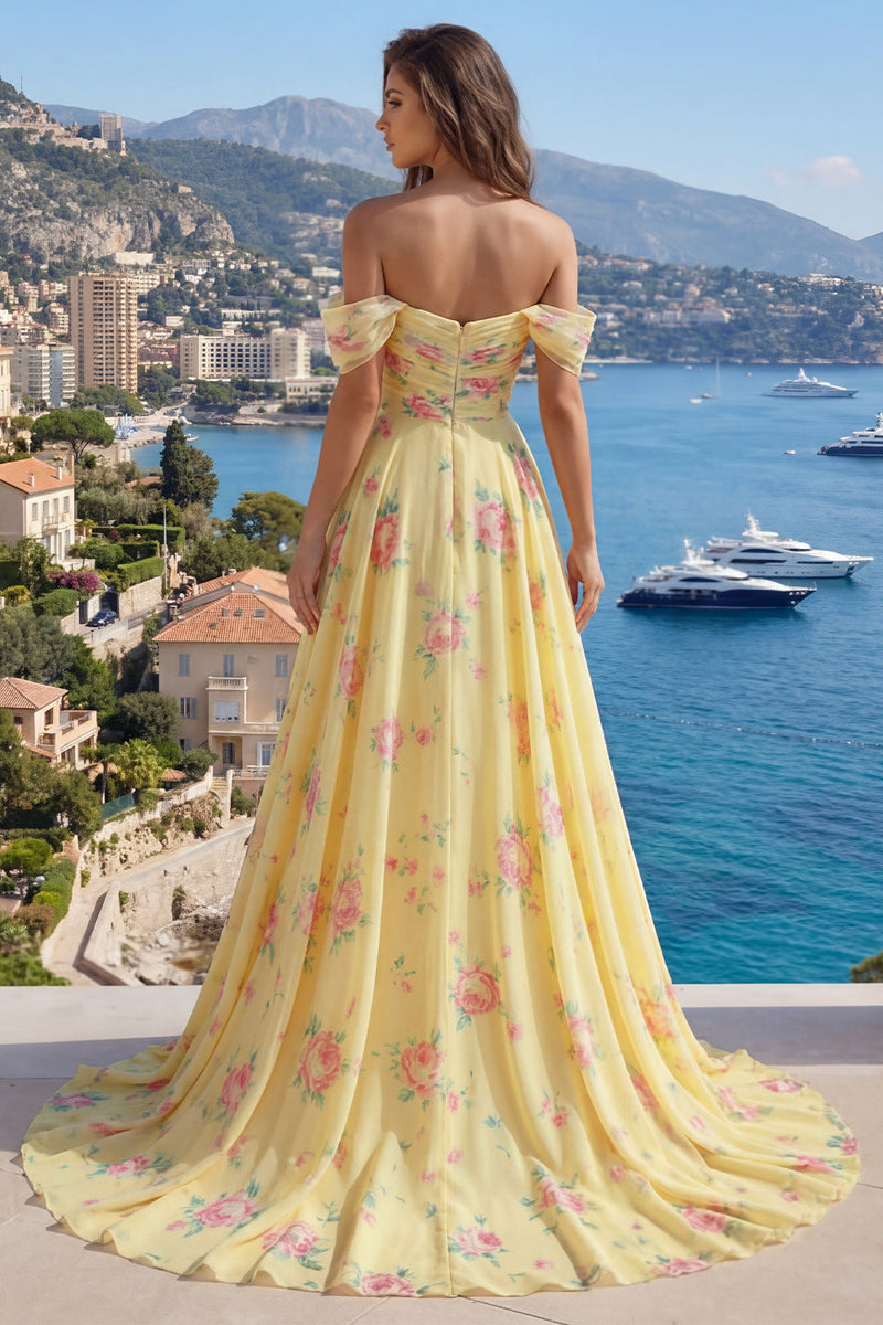 Laden Sie das Bild in den Galerie-Viewer, Rüschen A Linie Buttergelb Blumen Perlenstickerei Ballkleid mit Schlitz