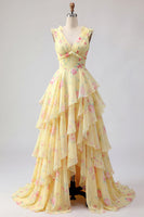 Laden Sie das Bild in den Galerie-Viewer, V-Ausschnitt A Linie Buttergelb Blumen Ballkleid mit Rüschen
