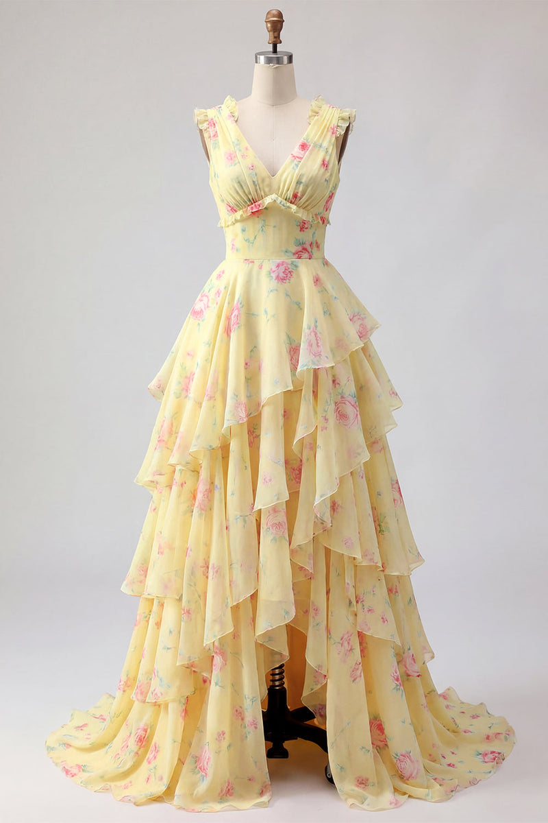 Laden Sie das Bild in den Galerie-Viewer, V-Ausschnitt A Linie Buttergelb Blumen Ballkleid mit Rüschen