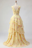 Laden Sie das Bild in den Galerie-Viewer, V-Ausschnitt A Linie Buttergelb Blumen Ballkleid mit Rüschen