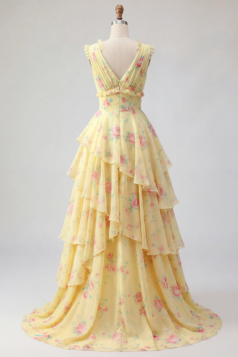 Laden Sie das Bild in den Galerie-Viewer, V-Ausschnitt A Linie Buttergelb Blumen Ballkleid mit Rüschen