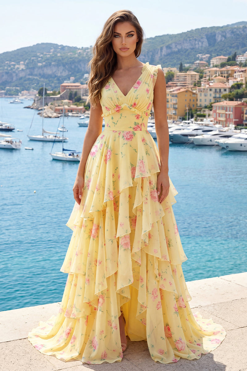 Laden Sie das Bild in den Galerie-Viewer, V-Ausschnitt A Linie Buttergelb Blumen Ballkleid mit Rüschen
